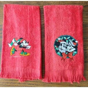 Vint Disney Mickey Minnie Christmas (2) Hand Towels 16x11 Wreath, Skating, onRed